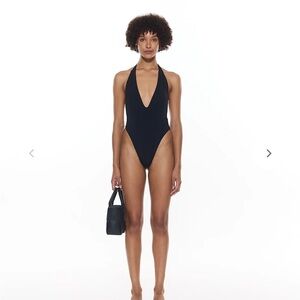 Deep V Taupe One-Piece Swimsuit with Tie Straps